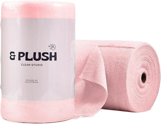 & PLUSH Microfiber Cleaning Cloth Roll - 100 Pack, Tear Away Microfiber Towels, 12" x 12", Reusable, Washable, Streak Free, Ultra Absorbent Dish Rags for Car, Home, Garage or Shop (Pink)