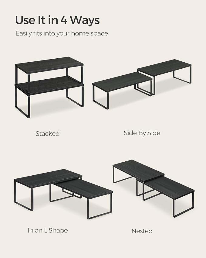 SONGMICS Cabinet Organizer Shelf, Set of 2 Kitchen Counter Shelves, Kitchen Storage, Spice Rack, Stackable, Expandable, Metal and Engineered Wood, Ink Black and Charcoal Black UKCS025B01