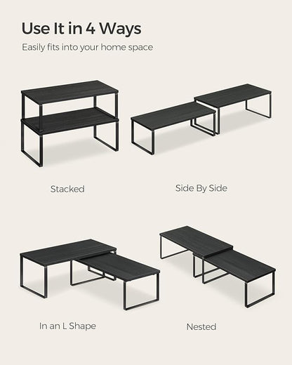 SONGMICS Cabinet Organizer Shelf, Set of 2 Kitchen Counter Shelves, Kitchen Storage, Spice Rack, Stackable, Expandable, Metal and Engineered Wood, Ink Black and Charcoal Black UKCS025B01