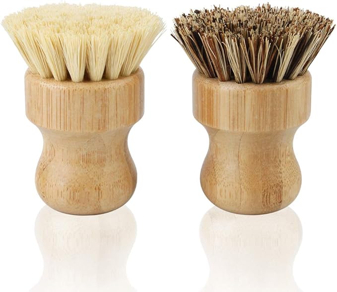 2 Pack Bamboo Dish Scrub Brush, Picowe Natural Scrub Cleaning Brush Vegetable Brush for Dishes Cast Iron Pots Pans, Used in Bathroom Kitchen Sink Household Cleaning