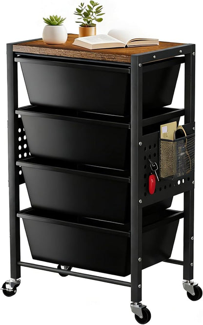 Rolling Cart with 4 Drawers, Plastic Drawer Storage Carts with Wheels & Wooden Tabletop, Metal Utility Cart with Pegboards, Office Living Room Classroom Craft Organization and Storage, Dark Black