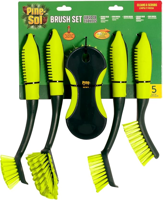 Pine-Sol Scrub Brush Set - Long Handle Cleaning Brushes with Heavy Duty Bristles and Comfort Grip - Scrubbers for Kitchen, Household, and Dishwashing, 5 Pieces