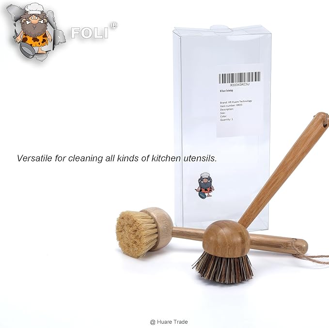 FOLI Bamboo Handle Dish Scrub Brushes - Wooden Cleaning Scrubbers with Stiff Bristles for Washing Kitchen Cast Iron Pan Pot (2PCS with Sisal & Palm Bristles, Long Handle)