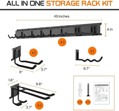 "48 Garage Tool Organizer Wall Mount - Heavy Duty 520lbs Metal Storage Rack, Easy Install Adjustable Hooks for Garden Tools Brooms
