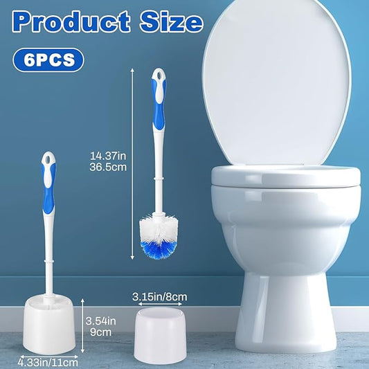 6 Pack Toilet Brush with Holder, 14.37 Inch Commercial Heavy Duty Toilet Bowl Brush and Caddy Set Stiff Bristles Scrubber for Bathroom Cleaning Supplies(Blue and White)