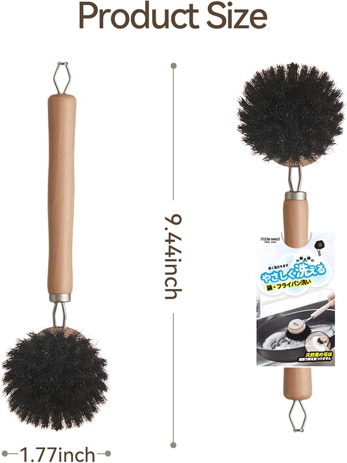 Wooden Dish Brush Natural Bristle Pot Pan Bowl Scrubber Brush - Non-Scratch, Grease Absorbent, Household Cleaning Brushes Gentle for Non-Stick & Cast Iron Cookware- Cleaning Tool Set of 2