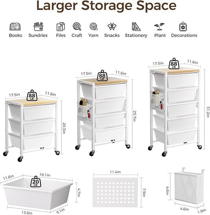 Rolling Cart with 4 Drawers, Plastic Drawer Storage Carts with Wheels & Wooden Tabletop, Metal Utility Cart with Pegboards, Office Living Room Classroom Craft Organization and Storage, Bright White