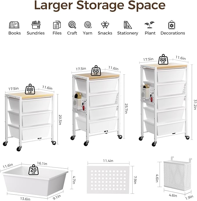 Rolling Cart with 5 Drawers, Plastic Drawer Storage Carts with Wheels & Wooden Tabletop, Metal Utility Cart with Pegboards, Office Living Room Classroom Craft Organization and Storage, Bright White