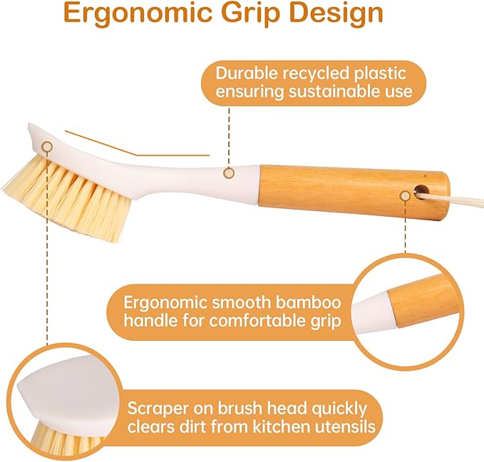 3 Pack Dish Brush Set with Bamboo Handle, Dish Scrubber Built-in Scraper, Kitchen Scrub Brush for Cleaning Cast Iron Cookware, Pans, Pots, Counter & Kitchen Sink (White)