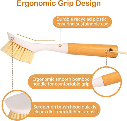 3 Pack Dish Brush Set with Bamboo Handle, Dish Scrubber Built-in Scraper, Kitchen Scrub Brush for Cleaning Cast Iron Cookware, Pans, Pots, Counter & Kitchen Sink (White)