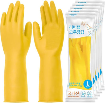 Rubber Gloves for Dishwashing & Household Odor-Free, Comfortable Fit, Reusable, Non-Slip Made in Korea (5 Pairs)
