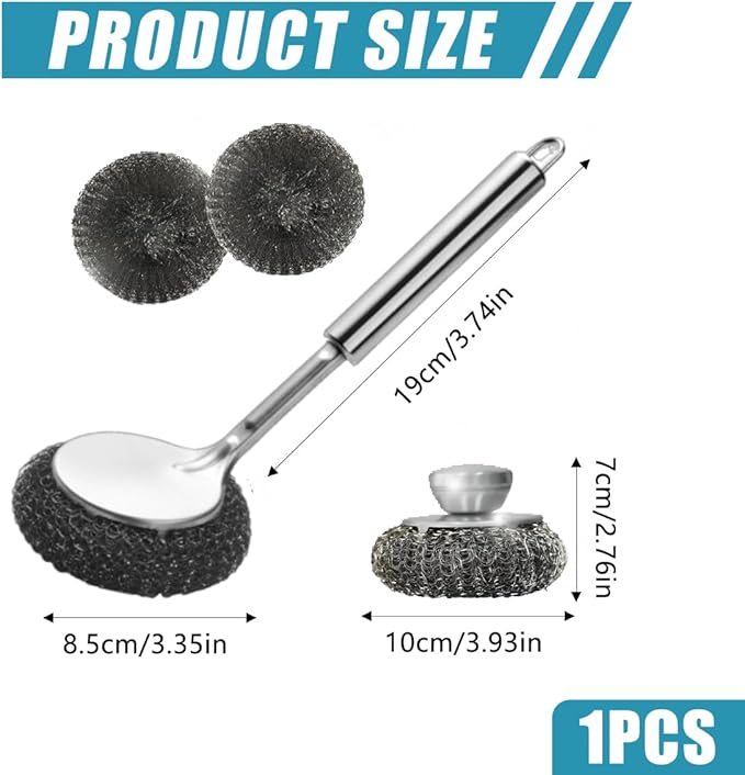 Steel Wool Scrubber Dish Brush Set with Handle, Deep Cleaning Scrubber Set Dish Brush for Cleaning Pans, Grills, Stoves (A)