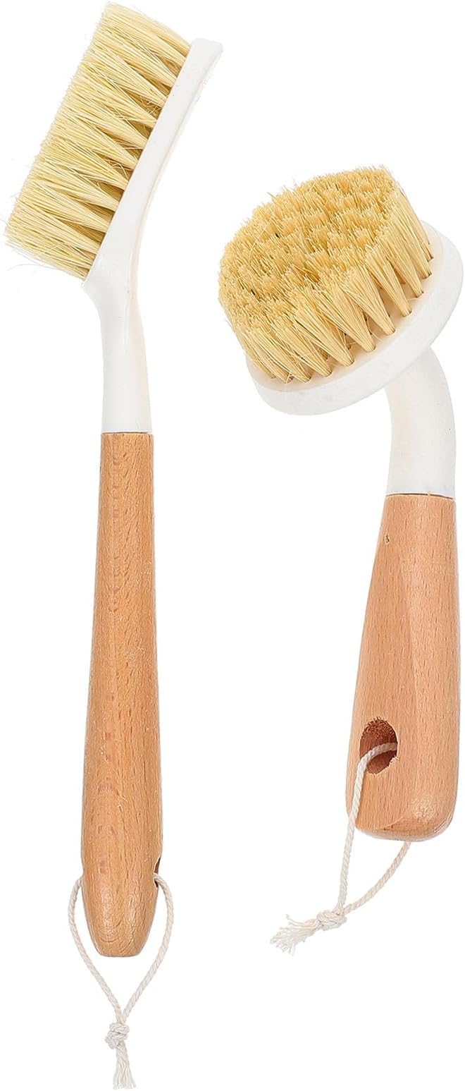 Multi-use Kitchen Dish Brush Set 2pcs with Wood Handle Tampico Bristle Pot Scrubber for Household Cleaning Portable Dish Brush and Pans