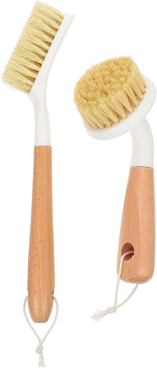 Multi-use Kitchen Dish Brush Set 2pcs with Wood Handle Tampico Bristle Pot Scrubber for Household Cleaning Portable Dish Brush and Pans
