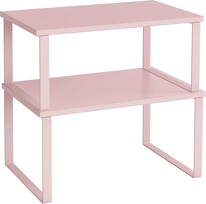 SONGMICS Cabinet Organizer Shelf, Set of 2 Kitchen Counter Shelves, Kitchen Storage, Spice Rack, Stackable, Expandable, Metal and Engineered Wood, Jelly Pink UKCS020S01