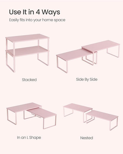 SONGMICS Cabinet Organizer Shelf, Set of 2 Kitchen Counter Shelves, Kitchen Storage, Spice Rack, Stackable, Expandable, Metal and Engineered Wood, Jelly Pink UKCS025S01