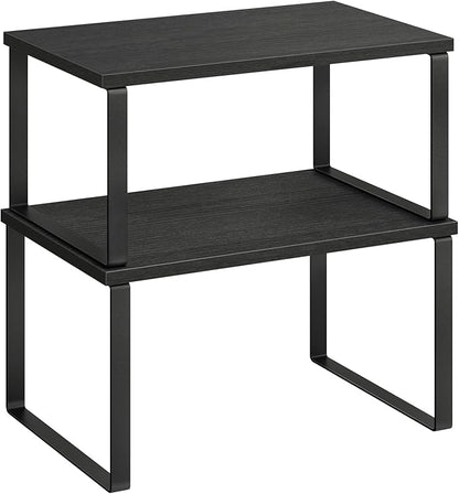 SONGMICS Cabinet Organizer Shelf, Set of 2 Kitchen Counter Shelves, Kitchen Storage, Spice Rack, Stackable, Expandable, Metal and Engineered Wood, Ink Black and Charcoal Black UKCS02B01