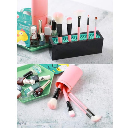 Makeup Brushes Holder Organizer, Silicone Vanity Air Drying Rack Display Storage for Brush, Eyeliners and More, Practical Cosmetic Tools Container (Pink-White)