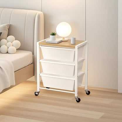 Rolling Cart with 3 Drawers, Plastic Drawer Storage Carts with Lockable Wheels & Wooden Tabletop, Metal Utility Cart Organizer, Office Bedroom Classroom Craft Organization and Storage, Bright White