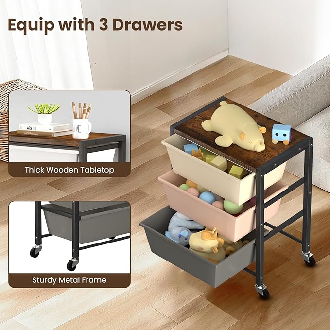 Rolling Cart with 3 Drawers, Plastic Drawer Storage Carts with Lockable Wheels & Wooden Tabletop, Metal Utility Cart Organizer, Office Bedroom Classroom Craft Organization and Storage, Dark Brown