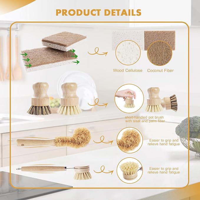 6 Piece Bamboo Dish Brush Set with Coconut Sponge - Wooden Dish Brush with Sisal and Palm Fiber, Natural Bamboo Dish Scrub Brush for Kitchen Cleaning Dishes, Pots, Pans, Bottles, Vegetables