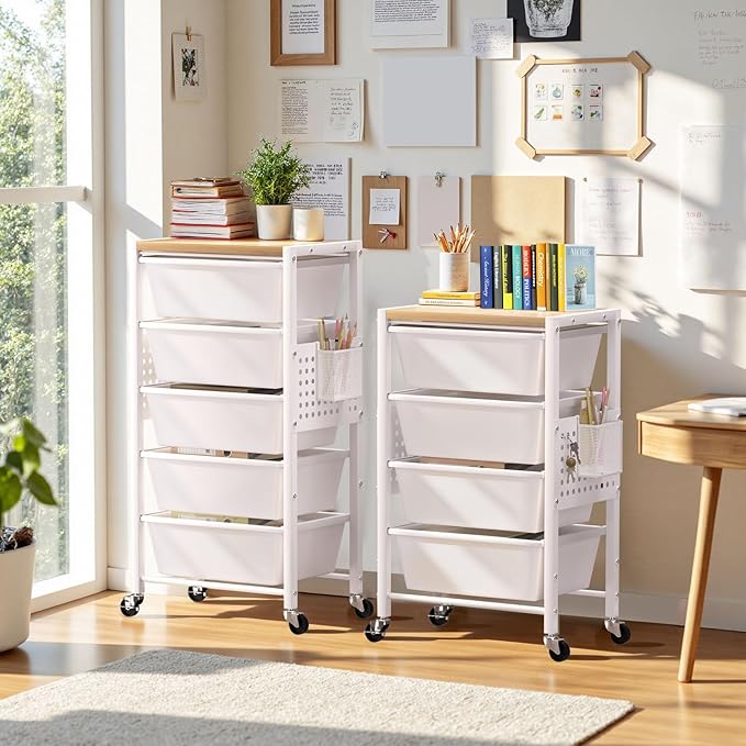 Rolling Cart with 5 Drawers, Plastic Drawer Storage Carts with Wheels & Wooden Tabletop, Metal Utility Cart with Pegboards, Office Living Room Classroom Craft Organization and Storage, Bright White