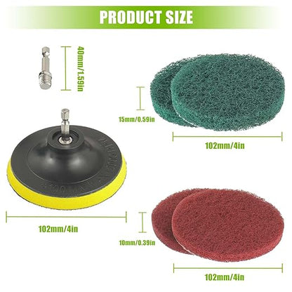 4 Inch Scrub Drill Brush Power Scouring Pads Household Cleaning Set for Kitchen Bathroom 4 Red Pads 4 Green Pads 1 Drill Attachment and 1 Universal Shaft