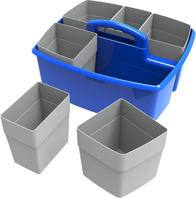 Storex Large Classroom Craft Caddy with Cups, 13 x 11 x 6.575 Inches, Blue, Case of 2 (00985A02C)