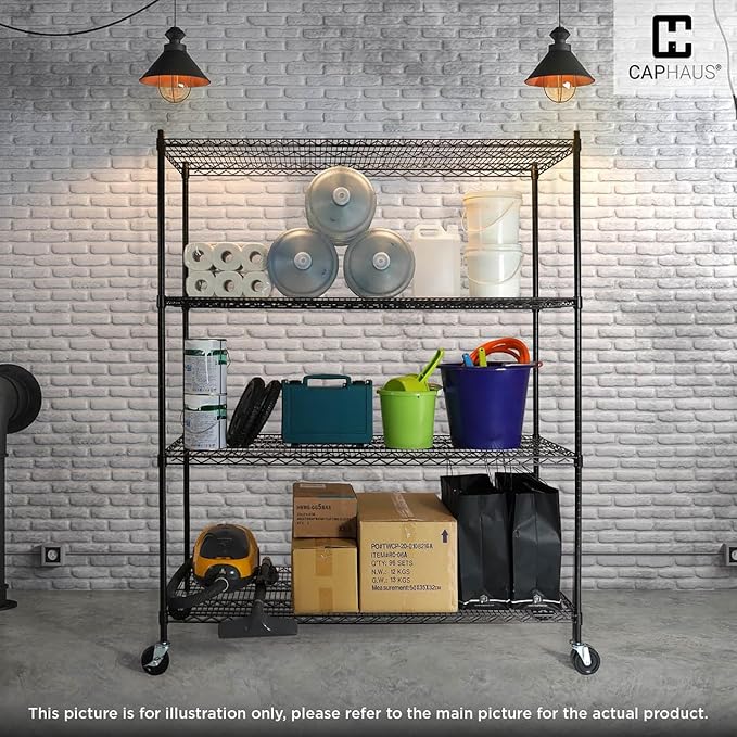 CAPHAUS NSF Commercial Grade Wire Shelving w/Wheels, Leveling Feet & Liners, Storage Metal Shelf, 48 x 18 x 76 4-Tier No Liner (RWW-CH48184HDW-BK@CH-CM)