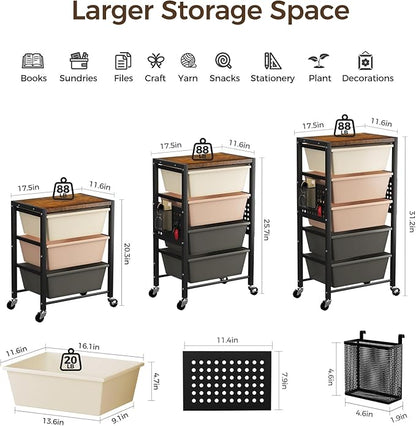 Rolling Cart with 5 Drawers, Plastic Drawer Storage Carts with Wheels & Wooden Tabletop, Metal Utility Cart with Pegboards, Office Living Room Classroom Craft Organization and Storage, Dark Brown