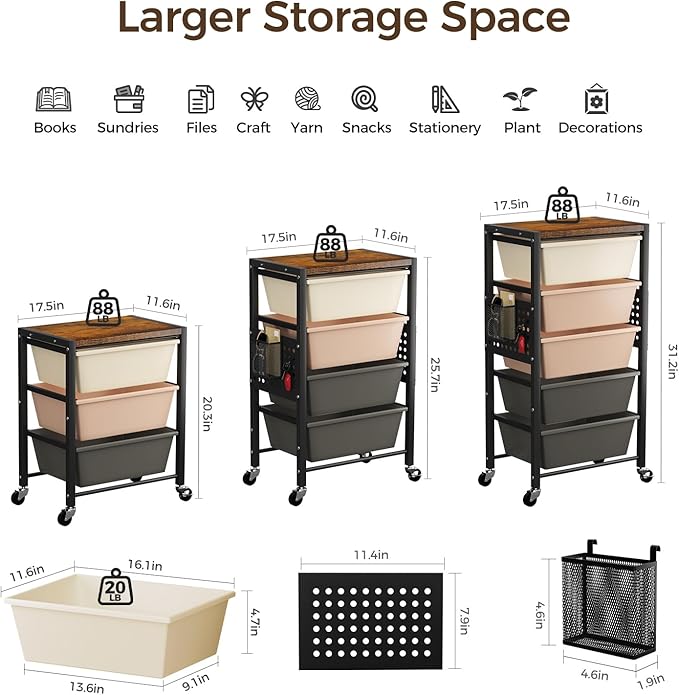 Rolling Cart with 3 Drawers, Plastic Drawer Storage Carts with Lockable Wheels & Wooden Tabletop, Metal Utility Cart Organizer, Office Bedroom Classroom Craft Organization and Storage, Dark Brown