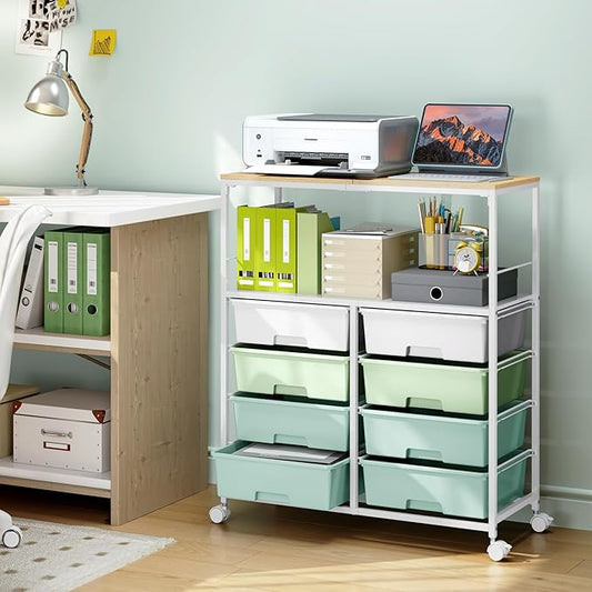 Rolling cart with 8 drawers,Storage drawer cart with wooden tabletop,Lockable wheels organizer for homeschool, arts & crafts, classroom, office & creative spaces (Green)