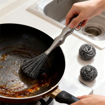 4-Piece Stainless Steel Deep Cleaning Brush Set with Steel Wool Scrubbers, Rust-Resistant Kitchen Brush for Pots, Pans, Plates, and Bowls, Durable One-Piece Handle, Dishwasher Safe