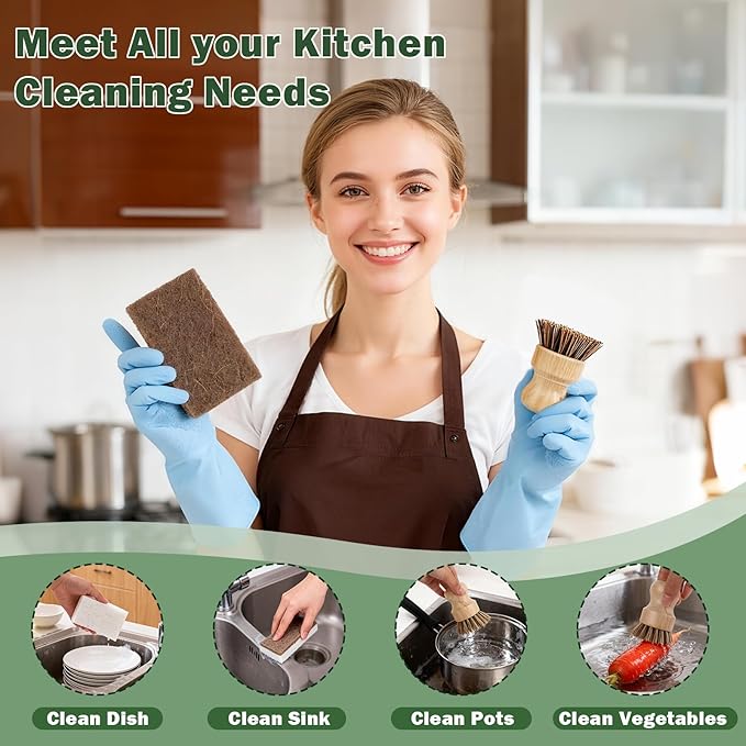 6 Pack Bamboo Dish Brush Set - 2pcs Palm Dish Scrubber and 4 Pieces Natural Kitchen Sponge for Dishes, Pots and Vegetables