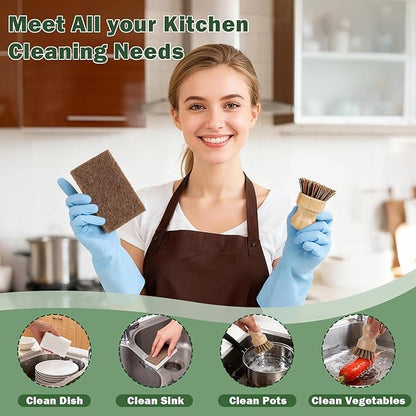 6 Pack Bamboo Dish Brush Set - 2pcs Palm Dish Scrubber and 4 Pieces Natural Kitchen Sponge for Dishes, Pots and Vegetables
