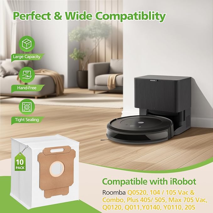105 Dust Bags for iRobot Roomba Essential 104 Vac/104 Combo/105 Vac/105 Combo/Plus 404/405/505 Combo/504 Vac/Max 705 Vac&Combo/Q0520 Robot Vacuum Cleaner, 2.8 L Disposal Vacuum Bags for Roomba