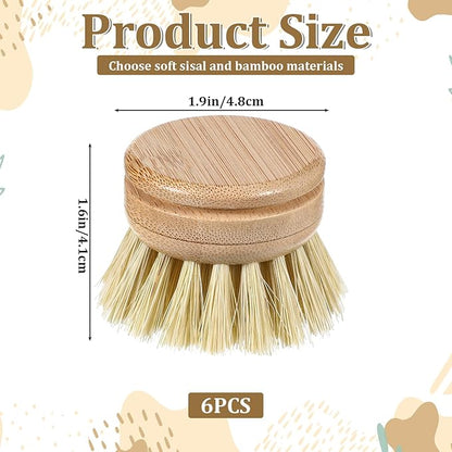 6 Pcs Bamboo Dish Brush Replacement Heads, 1.9 x 1.6 Inch Natural Sisal Bristle Scrubber Wooden Kitchen Dish Brushes for Pots, Pans, Bowls, Dishes Cleaning