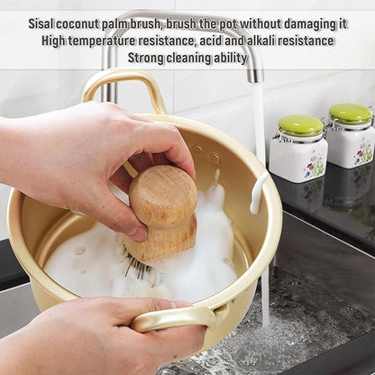 Natural Coconut Fiber Pot Scrubber Brushes with Quick-Dry Stand, Rubberwood Handle for Stubborn Pans & Kitchen Cleaning,2Pcs