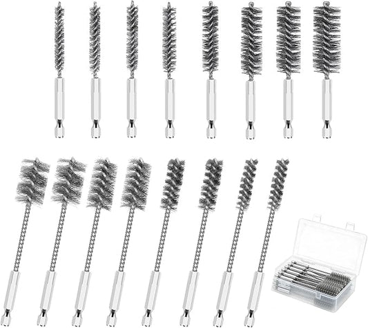 16 Pcs Stainless Steel Bore Brush Set, Heavy Duty Wire Brush for Drill with Hex Shank, Bristles Bore Cleaning Brush Set for Power Drill, Rust, Tube Cleaning