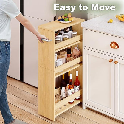 MARTY Rolling Storage Cart 7.9" W, 4-Tier Kitchen Cart with Wheels Handle, Slim Storage Cart Mobile Shelving Utility Carts for Bathroom Laundry Room Organization Narrow Places (Maple)