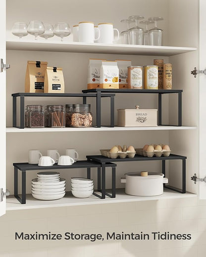 SONGMICS Cabinet Organizer Shelf, Set of 2 Kitchen Counter Shelves, Kitchen Storage, Spice Rack, Stackable, Expandable, Metal and Engineered Wood, Ink Black and Charcoal Black UKCS025B01