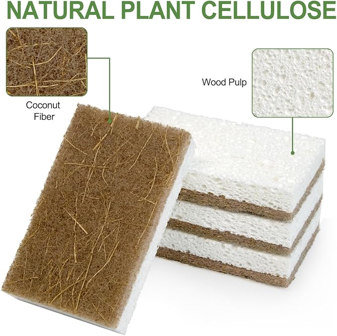 CELOX 6 Pack Coconut Fiber Biodegradable Sponges, Non Scratch Kitchen Cleaning Sponge, Eco-Friendly Dual-Sided Sponge for Dishwashing