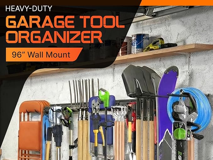 "96 Garage Tool Organizer Wall Mount - Heavy Duty 1020 lbs Metal Storage Rack, Easy Install Adjustable Hooks for Garden Tools Brooms