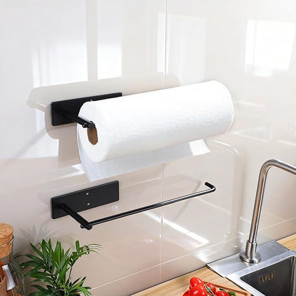 SUNTECH 2 Pack Paper Towel Holder Under Cabinet, Adhesive or Drilling Paper Towel Holder Wall Mounted, Stainless Steel Kitchen Towel Roll Holder for Bathroom, RV (Black)