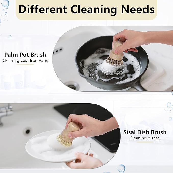 5 Pack Bamboo Dish Brush Set, Wooden Dish Brush with 14’’ Bottle Brush, Natural Kitchen Scrub Brush for Dishes Pots, Pans, Sinks, Woks, Vegetables