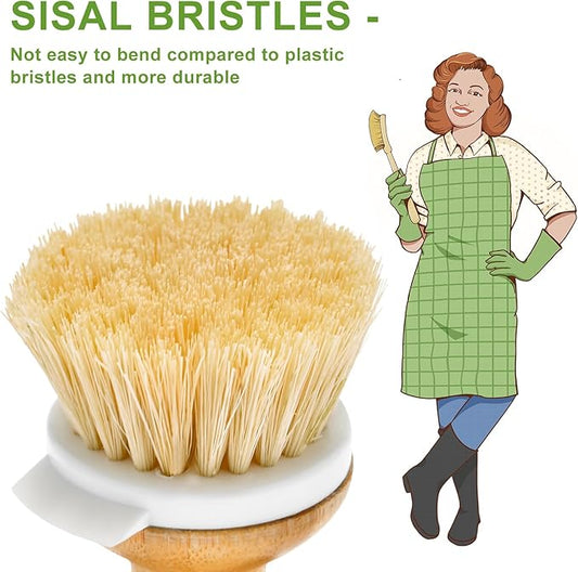 SUBEKYU Bamboo Dish Brush, Kitchen Dish Scrubber Brush with Soap Dispenser, Natural Wooden Dishwashing Brush for Cleaning Dishes/Pans/Pots, Built-in Scraper, Sisal Bristles,1 Set
