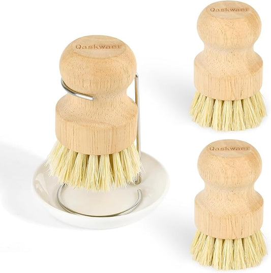 Wooden Dish Brushes, Dish Scrubber Brushs for Cleaning Dishes, Kitchen Wooden Cleaning Dsihes Set with Draining Rack, Natural Sisal Bristles, 3 Set