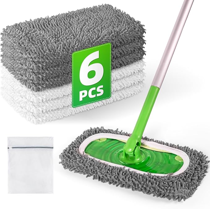 6 Pack Reusable Mop Pads Compatible with Swiffer Sweeper Mop, Wet and Dry Chenille Sweeping Cloths, Washable Pads Refill, Microfiber Pads for Multi-Surface/Hardwood Floor Cleaning (Gray, White)