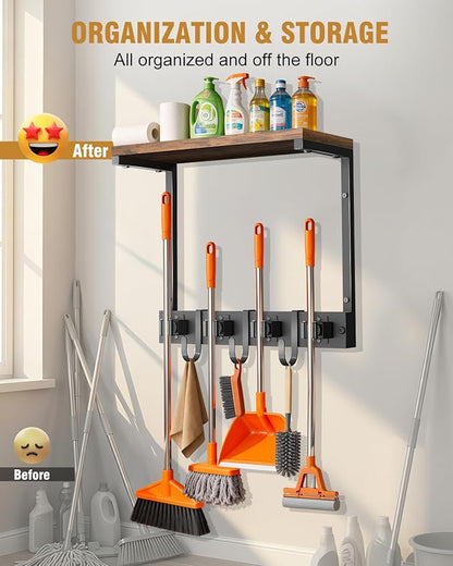 Broom Holder Wall Mount with Top Wooden Shelf, Heavy Duty Metal Cleaning Supplies Broom Hanger with 4 Slots & 3 Hooks for Laundry Garage Tool Storage Kitchen (Small)