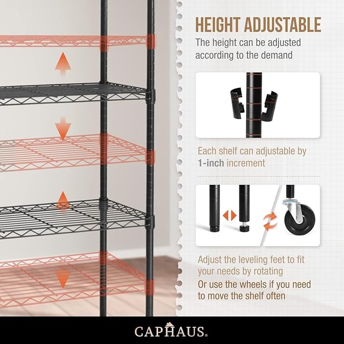 CAPHAUS NSF Commercial Grade Heavy Duty Wire Shelving w/Wheels, Leveling Feet & Liners, Metal Shelf, Garage & Utility Storage, 5-Tier 30x14x64